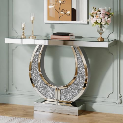 45-Inch Mirrored Console Table and Round Wall Mirror Set with Crushed Diamond