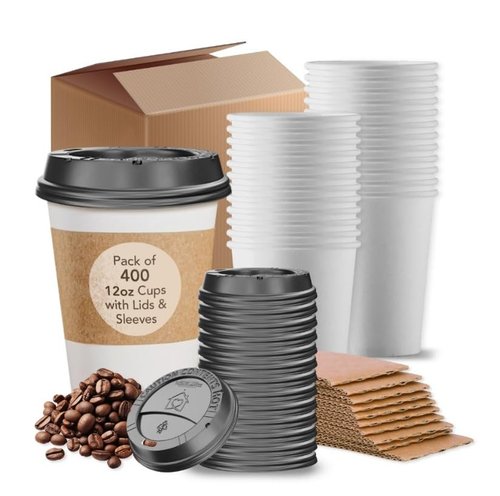 400-Pack 12 oz Disposable Hot Coffee Cups With Lids and Sleeves, To Go Coffee Cups with Lid 12 oz, Hot Cocoa Cup with Lids & Sleeves, Chocolate Paper Cup with Lids for Tea & Cocoa