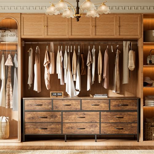63-Inch Wide Dresser with 10 Fabric Drawers, Rustic Brown TV Stand