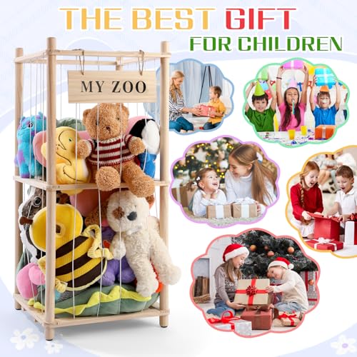 Wooden Stuffed Animal Storage Zoo with Elastic Cords, Small Toy Organizer