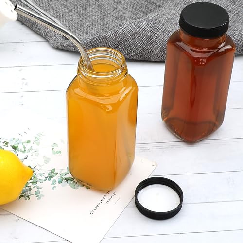 Accguan 12oz Glass Water Bottles Set - Leak-Proof Square Bottles for Juicing, Oils, Kombucha, Travel