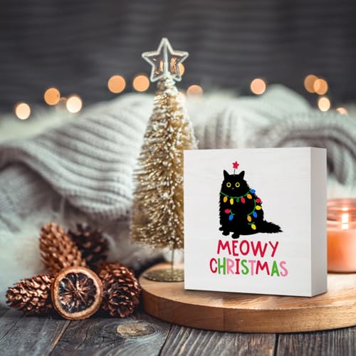 Meowy Christmas Cat Sign - Wheatwin Wooden Box Decor, 5x5 inches, Merry Christmas