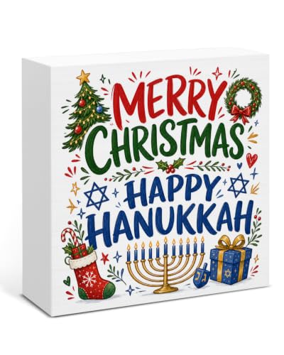 Happy Hanukkah & Christmas Holiday Decorations Wooden Sign - Festive Seasonal Decor