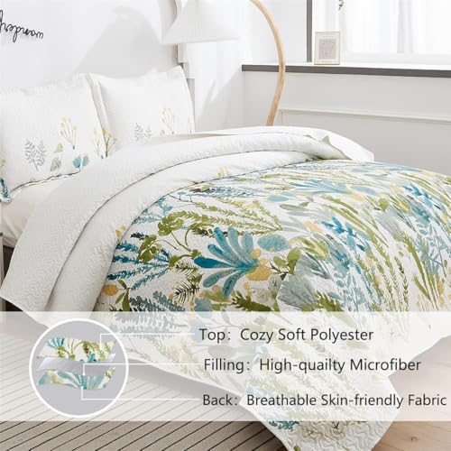 Green Essen King Size Floral Quilt Set - Botanical Bedspread with Pillow Shams