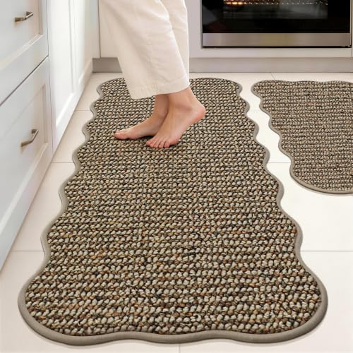 Scalloped Kitchen Rugs and Mats Set, 2-Piece Non-Slip Washable Taupe Rug