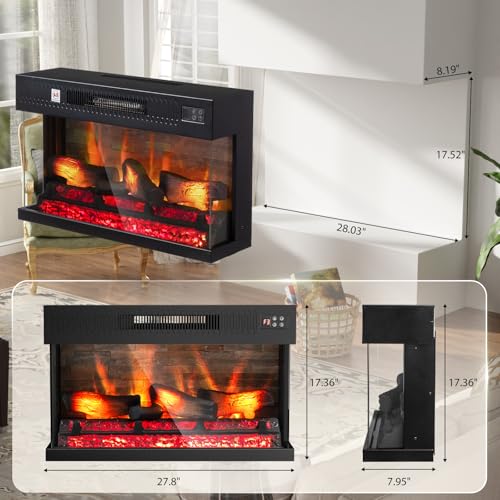 28-Inch 3-Sided Glass Electric Fireplace Insert with Remote Control