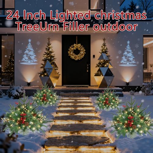 Careforge 2-Pack 24in Pre-Lit Outdoor Pine Urn Filler with 100 LED Warm White Lights (Green)