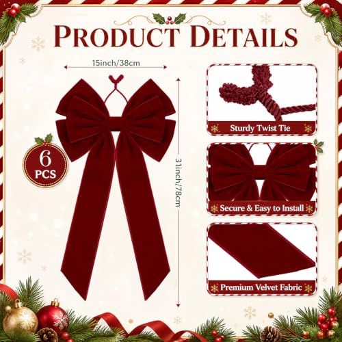 6 Pack Burgundy Velvet Christmas Bows - 15x31 Inch Holiday Decor