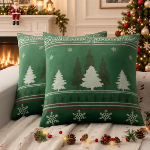 a moment Green 20x20 Inch Christmas Pillow Covers 2 Pack – Velvet Pine Tree Snowflake Holiday Decor