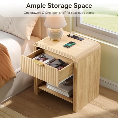 Fluted 1-Drawer Nightstand with USB Charging Station - Oak Bedside Table