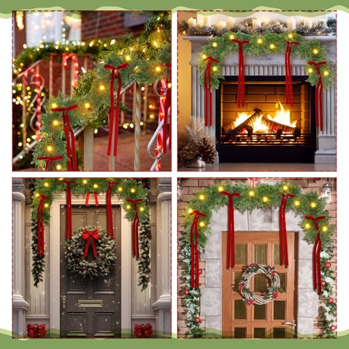 6 ft Christmas Garland with Lights - Battery Operated Pine Wreath with Bow