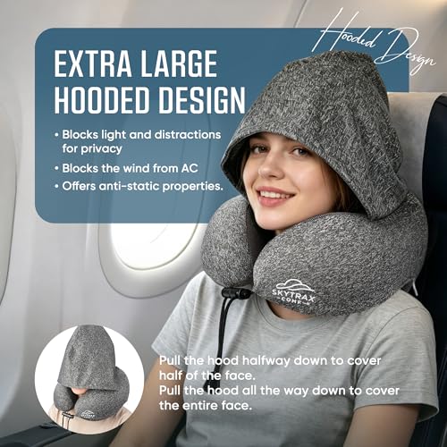 Travel Neck Pillow with Hood - Memory Foam for Airplane Sleep