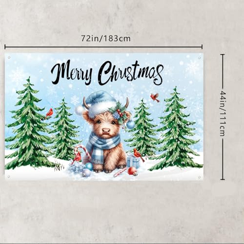 Nezfor Christmas Banner 44x72in Highland Cow Pine Tree Decor for Parties