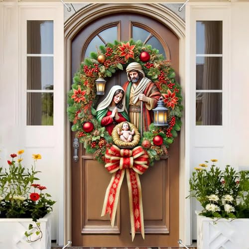 Christmas Nativity Door Cover - Holy Family Scene 35x71 Inch Polyester