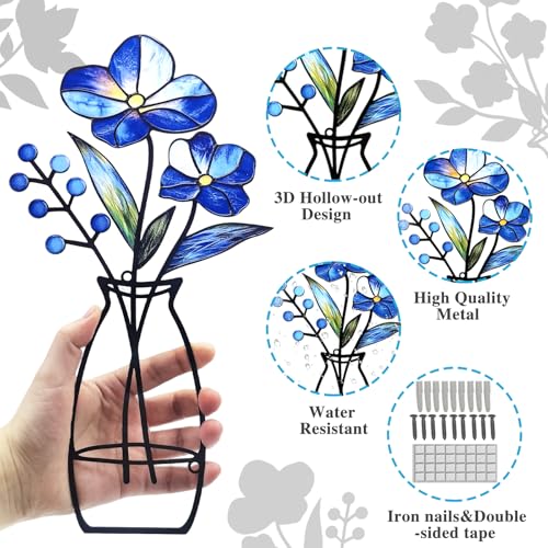 3-Piece Metal Vase Wall Art Set, Rustic Blue Iron Floral Wall Decor