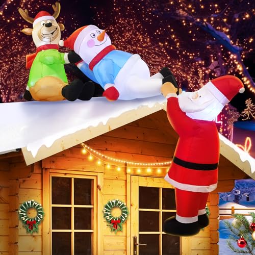 Christmas Friends 8FT Inflatable Roof Santa Reindeer Snowman Outdoor Decor with LED Lights