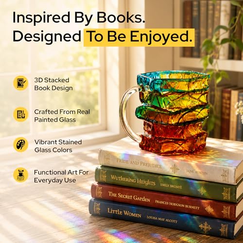 3D Stained Glass Book Mug 14oz – Thick Glass Coffee Tea Cup with Stacked Books Design