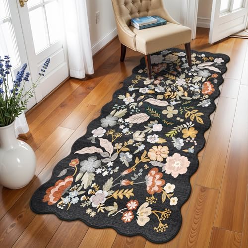 3x6 Washable Floral Runner Rug, Non-Slip Scalloped Hallway Floor Mat