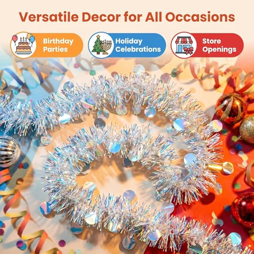 49.2ft Iridescent Tinsel & Holographic Circle Garland - Party Decor