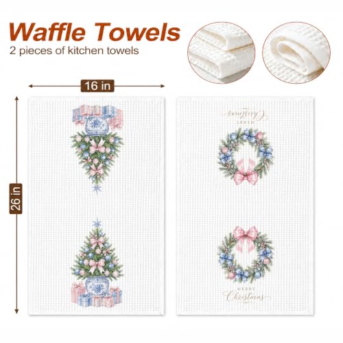 Zewepri Chinoiserie Christmas Kitchen Towels Set of 2 - Pink Bow, 16 x 24 inches (Variation: Pink Bow Christmas Tree)