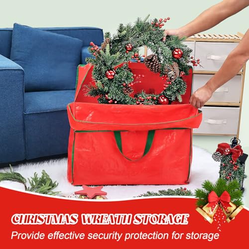 AFOROEOA 6PCS Red Wreath Storage Bags with Handles, 25"L x 25"H x 8.7"D – Clear Zip Bags for Garland & Xmas Wreaths (Variation: 6pcs Red)