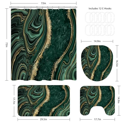 Emerald Green Marble 4-Piece Bathroom Decor Set with Shower Curtain & Rugs