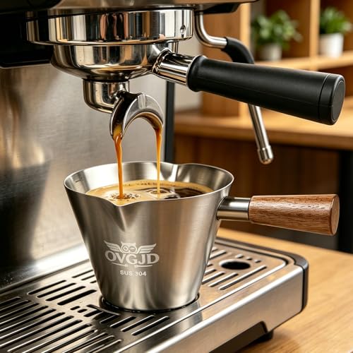 Silver 4Oz Stainless Steel Espresso Shot Cups with Measurement & Walnut Handle