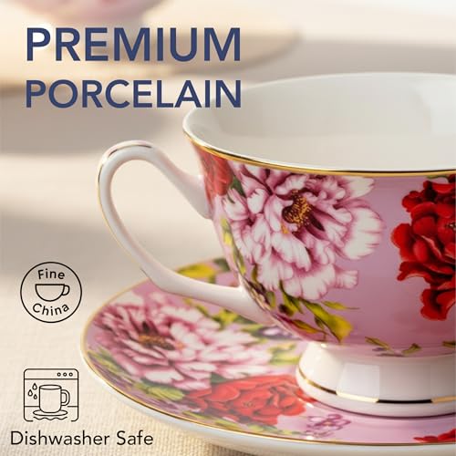 Multicolor Floral Tea Cups & Saucers Set of 6 - 8 oz Brew To A Tea