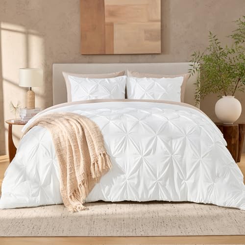 Queen White Pinch Pleat Comforter Set - 3 Piece All-Season Bedding Set