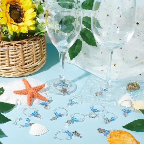 Summer Ocean Wine Charms Set with Upgraded Gift Box - 14 Silver Tone Drink Markers for Glasses, Party & Wedding Decor
