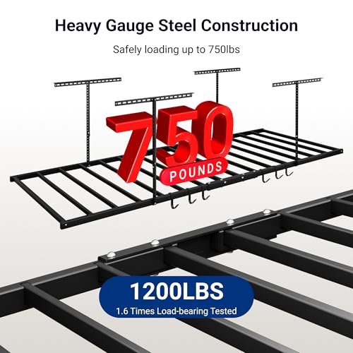 4x8 Overhead Garage Ceiling Storage Rack with 6 Hooks, 750lbs Capacity