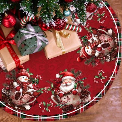 RABUSOFA 48-Inch Christmas Tree Skirt Snowman Santa Decoration (Red) for Home