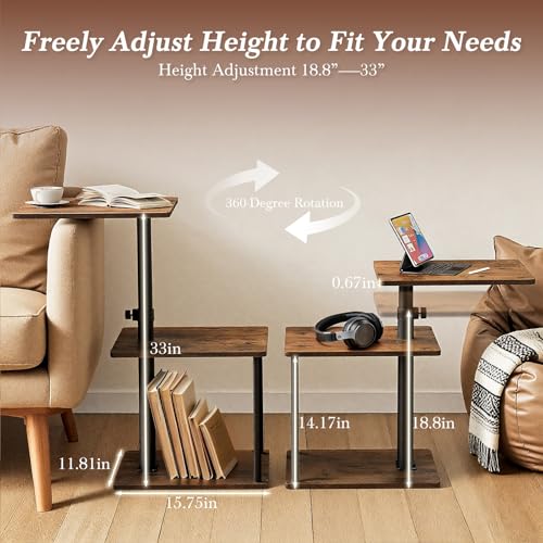 Height Adjustable C-Shaped Swivel End Table with Storage - Rustic Brown