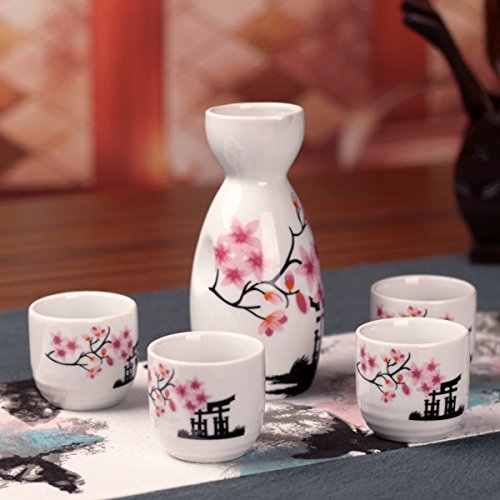Tosnail Pink Sakura Ceramic Sake Set - 1 Carafe & 4 Cups, Gift Idea