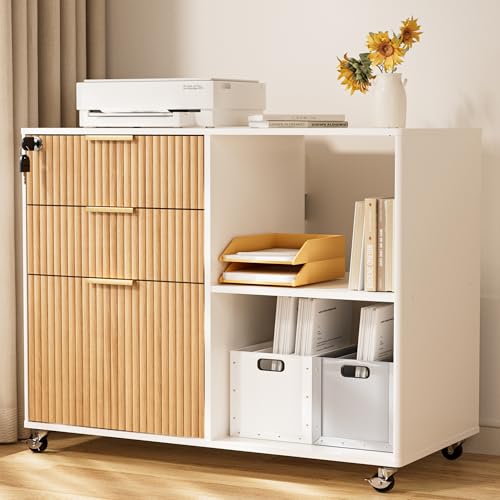 3-Drawer Fluted Mobile Filing Cabinet with Lock, Rolling Under-Desk Organizer