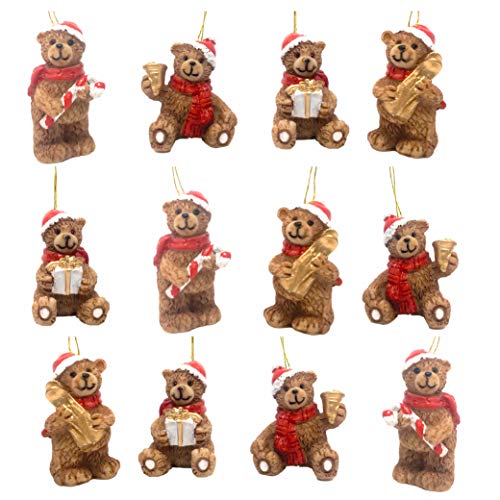 BANBERRY DESIGNS 12-Pack Bear Christmas Ornaments Set – 1.25"‑1.50" Bears in Santa Hats, 4 Poses