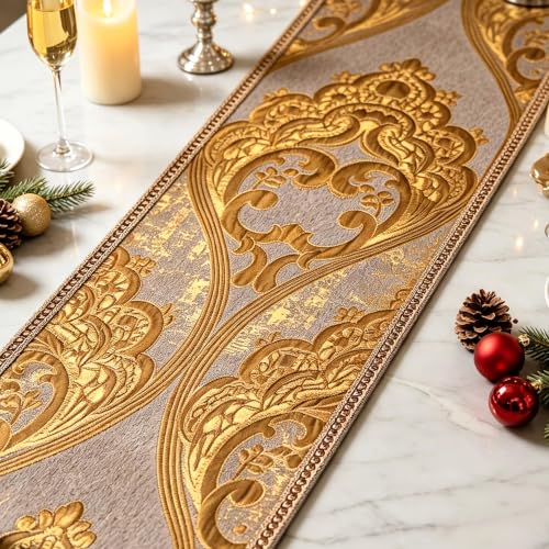HeMiaor Gold Versailles Damask Embossed Table Runner 87 inches