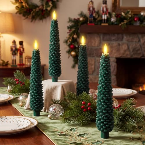 Funtery 6-Pack 10in LED Pine Cone Candles Flameless Real Wax with Remote (Green Pinecorn)