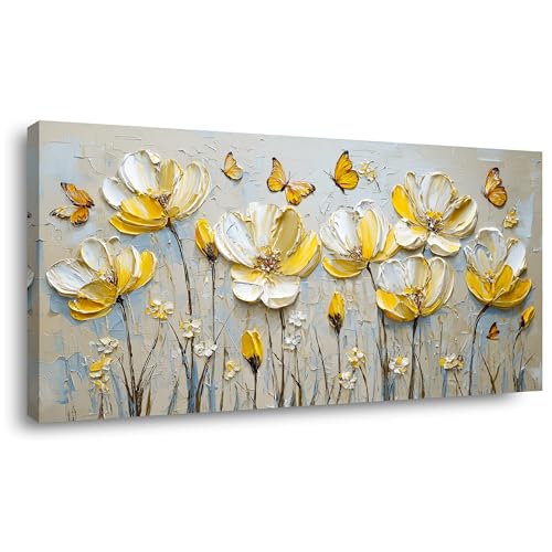 Yellow Floral Butterfly Canvas Wall Art Decor for Bedroom and Office