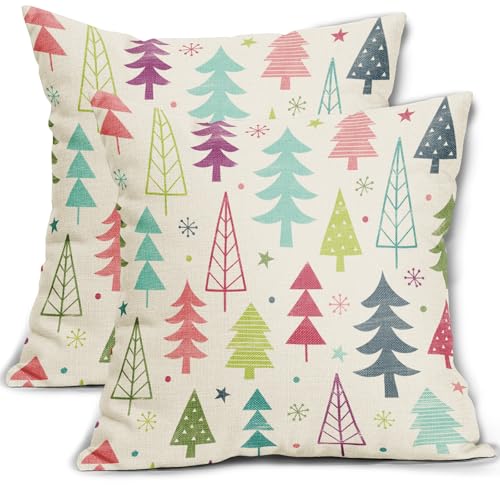 Sivirary 18x18 Inch Colorful Christmas Pillow Covers Set of 2 - Double-Sided Rainbow Xmas Tree Print
