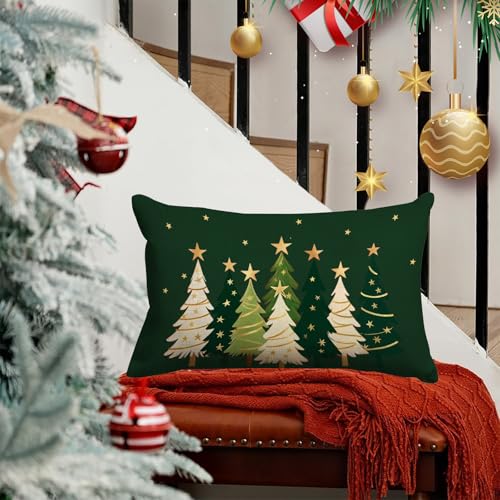 JOOCAR 16x24 Inch Watercolor Christmas Tree Pillow Cover Green Linen Holiday Decor Pack of 1