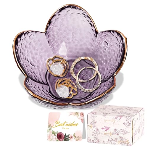 Purple Flower Glass Ring Holder Dish and Jewelry Tray Vanity Organizer