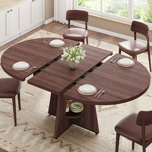 Extendable Round Dining Table, 43-59 Inch Oval Kitchen Table with Storage