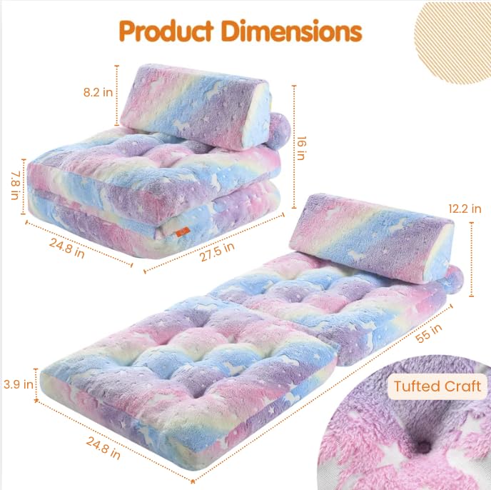 3-in-1 Fold-Out Kids Foam Chair - Glow-in-the-Dark Rainbow Unicorn