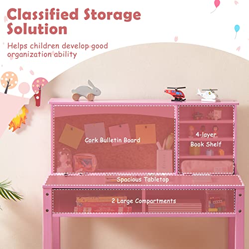 Kids Study Desk and Chair Set with Storage Hutch and Bulletin Board - Pink
