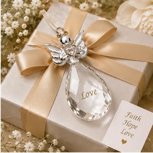 Set of 6 Crystal Angel Christmas Ornaments with Gold Lettering - Faith Hope Love Religious Holiday Decor