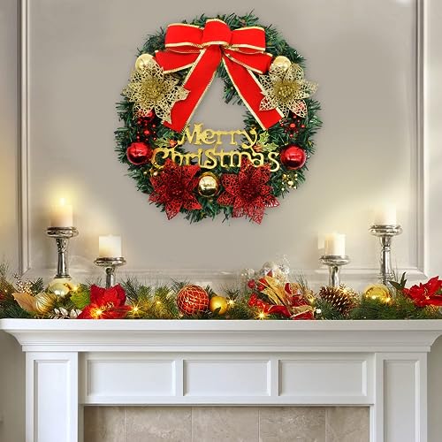 LIYUANBAIHUO 13-inch Christmas Wreath H-03 with Bells, Red Bow, Green Pine, Door/Wall Decoration