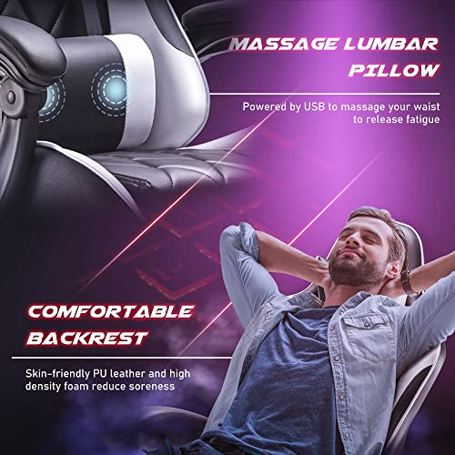 Ergonomic Gaming Chair with Footrest and Massage Lumbar Support - White