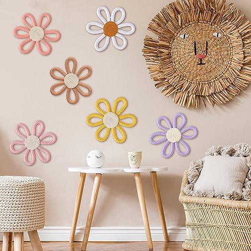 6-Piece Boho Daisy Wall Art Set - Woven Macrame Floral Nursery Decor