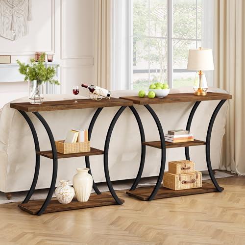 3-Tier Narrow Console Table, Rustic Wood Entryway Sofa Table with Metal Frame